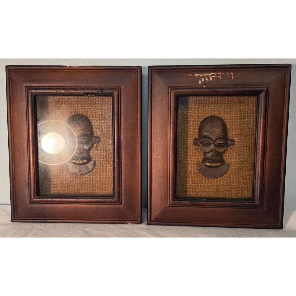 Vintage African Mask Wall Art Set Framed Tribal Decor Wood Frames